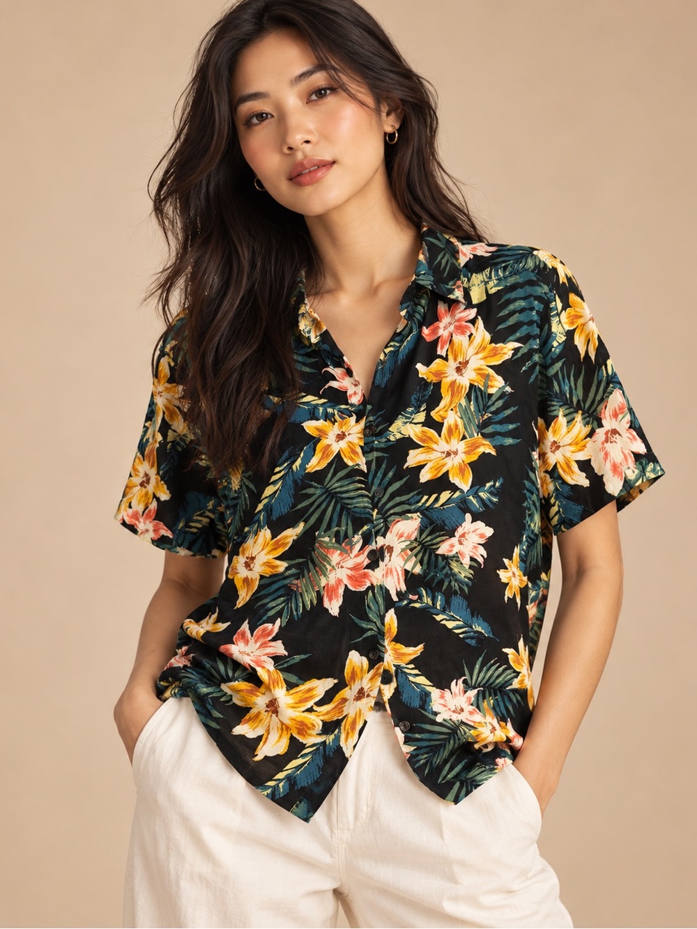No Boundaries Black Tropical Floral Hawaiian Button Down Shirt Size M